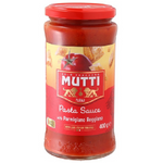 Jar of Mutti pasta sauce with Parmigiano Reggiano cheese, featuring a rich, red tomato sauce with grated cheese visible on top.