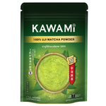 Kawami Uji Green Tea Matcha 100% drink in a glass, showcasing vibrant green color and smooth texture.