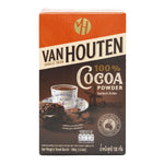 Van Houten Cocoa Powder for drink preparation, showing a container of rich, dark cocoa powder on a kitchen countertop.