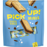 Bahlsen Pick Up Mini Milk confectionery snacks in a colorful package, showcasing bite-sized chocolate-filled biscuits.
