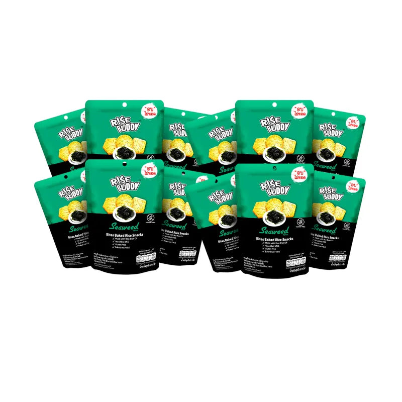Rise Buddy Seaweed Flavor Crispy Baked Rice Snacks in a pack of 12 sachets, showing the snack's crispy texture and seaweed flavor.