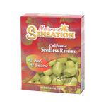 Dried raisins from Nature's Sensation, a natural confectionery snack, showing glossy, plump raisins in a clear container.