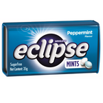 Wrigleys Eclipse Sugarfree Mints in peppermint flavor, showing a close-up of the mint candies in a clear container.