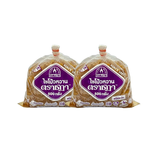 Chada Sweet Sliced Preserved Radish 500g, two bags, no MSG, no artificial color, in clear packaging with radish slices visible.
