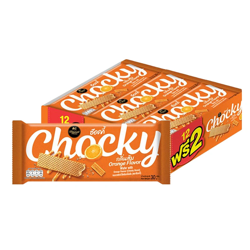 CHOCKY Wafer Orange 30g snack with crispy wafer layers and orange-flavored filling, shown in a package of 12.