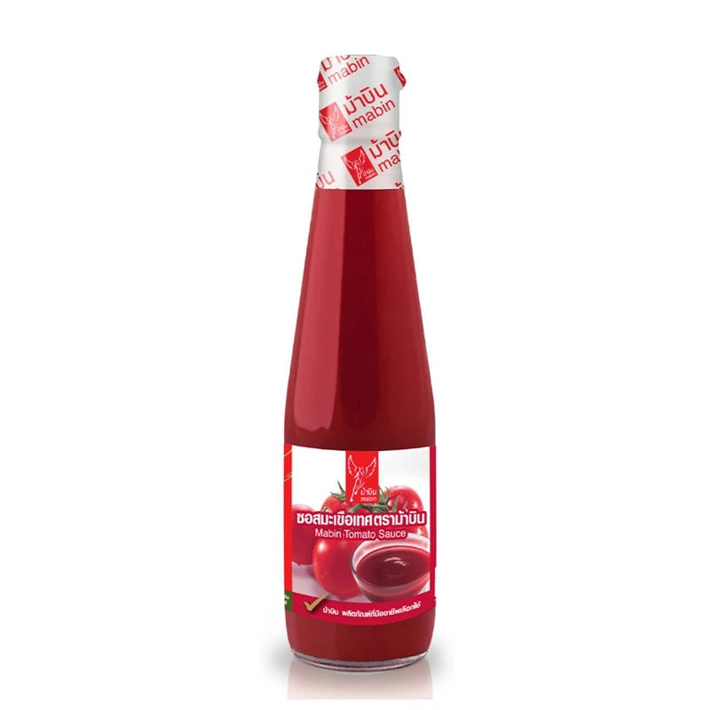 Jar of MABIN Tomato Sauce in a 340g glass container, with fresh tomatoes and herbs visible on the label.