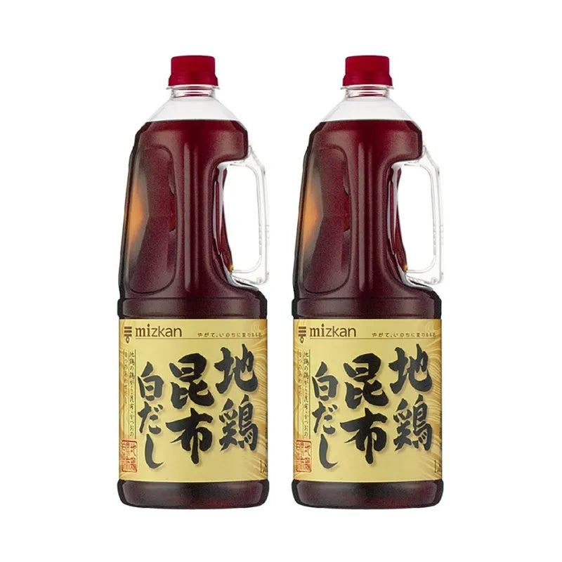 MIZKAN Jidori Konbu Shiro Dashi white soup stock bottles with free-range chicken, kombu kelp, and bonito flakes, 1.8L each.