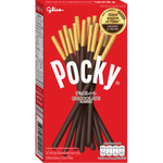 Glico Pocky Chocolate confectionery snacks featuring chocolate-coated biscuit sticks on a plain background.