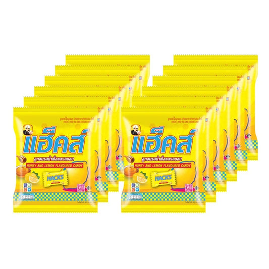 HACKS Honey Lemon Candy pack with 12 individual 24.3g candies, showing bright lemon-flavored candies in colorful wrappers.