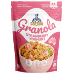 Captain Oats Strawberry Yoghurt Granola in a bowl, showing granola clusters with strawberries and yoghurt.