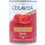 Bright image of Colavita Datterini Tomatoes in a grocery setting, showcasing small, ripe cherry tomatoes on the vine.