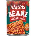 Bottle of Wattie's Rich Tomato Sauce showing the label and red sauce inside, ideal for cooking and dipping.