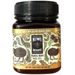Jar of Kiwi Reserve NZ Monofloral Manuka Honey MGO 525+ with golden honey visible in a glass jar.