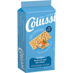 Pan Colussi Reduced Salt Crackers, pack of crunchy confectionery snacks with reduced salt content, ideal for healthy snacking.