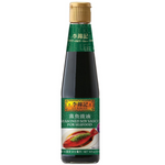 Bottle of Lee Kum Kee soy sauce for seafood, featuring the brand label and clear glass container on a grocery shelf.