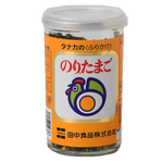 Tanaka Nori Tomago Furikake seasoning in a jar, with dried seaweed and egg flakes, ideal for sprinkling on rice and dishes.