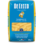 De Cecco Tortiglioni pasta #23 in a grocery store, showing the short, ridged pasta tubes in a clear package