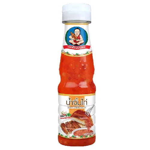 Deksomboon Sweet Chili Sauce 180g bottle with red and yellow label, showcasing the product's vibrant packaging and sauce inside