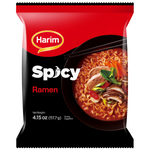 Spicy Harim Ramen noodle package with colorful branding and images of prepared ramen on the front.