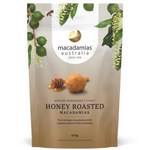 Honey roasted macadamias by Macadamias Australia, showing golden, crunchy confectionery snack nuts in a close-up image.