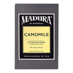 Madura camomile tea bags, caffeine-free drink with chamomile flowers in a box, ready for brewing.