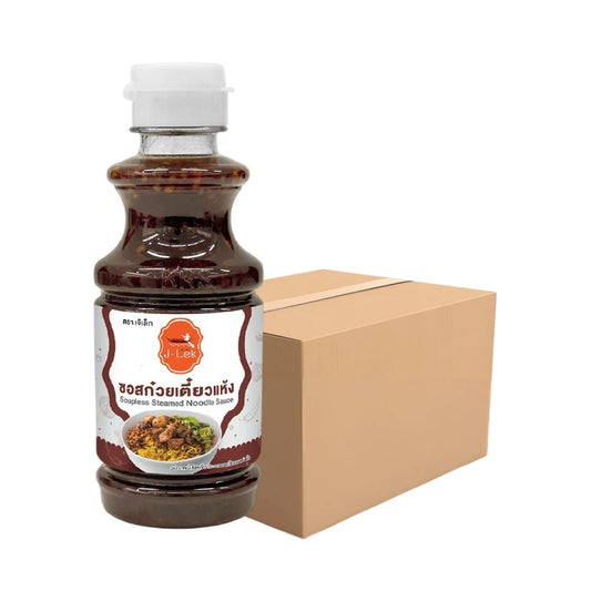 J-LEK Dry Noodle Sauce in a 235g plastic bottle, pack of 12, with bottles arranged on a table.