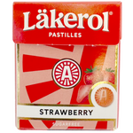 Lakerol Strawberry flavor confectionery snacks in a clear container, showing colorful strawberry-flavored lozenges.