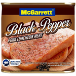 Sliced McGarrett Black Pepper Pork, a grocery product featuring tender pork with black pepper seasoning in a clear container.
