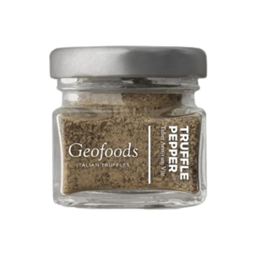 GEO FOODS Truffle Pepper in 20g jar, featuring black pepper and truffle pieces, with a rustic label and black lid.