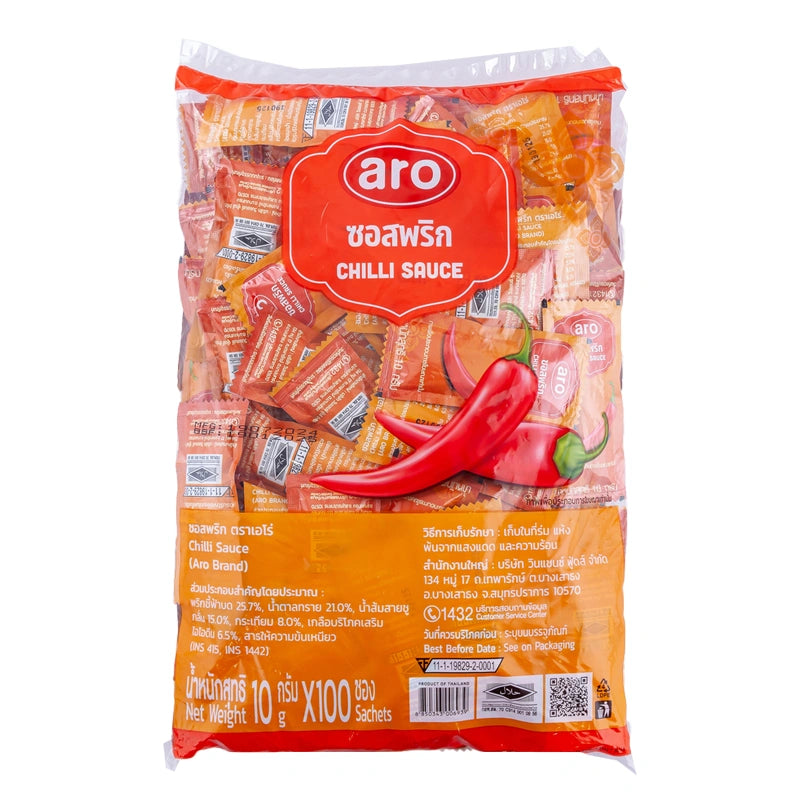A pack of 100 ARO Chilli Sauce sachets, 10g each, featuring bright red chili sauce inside individual condiment packets.