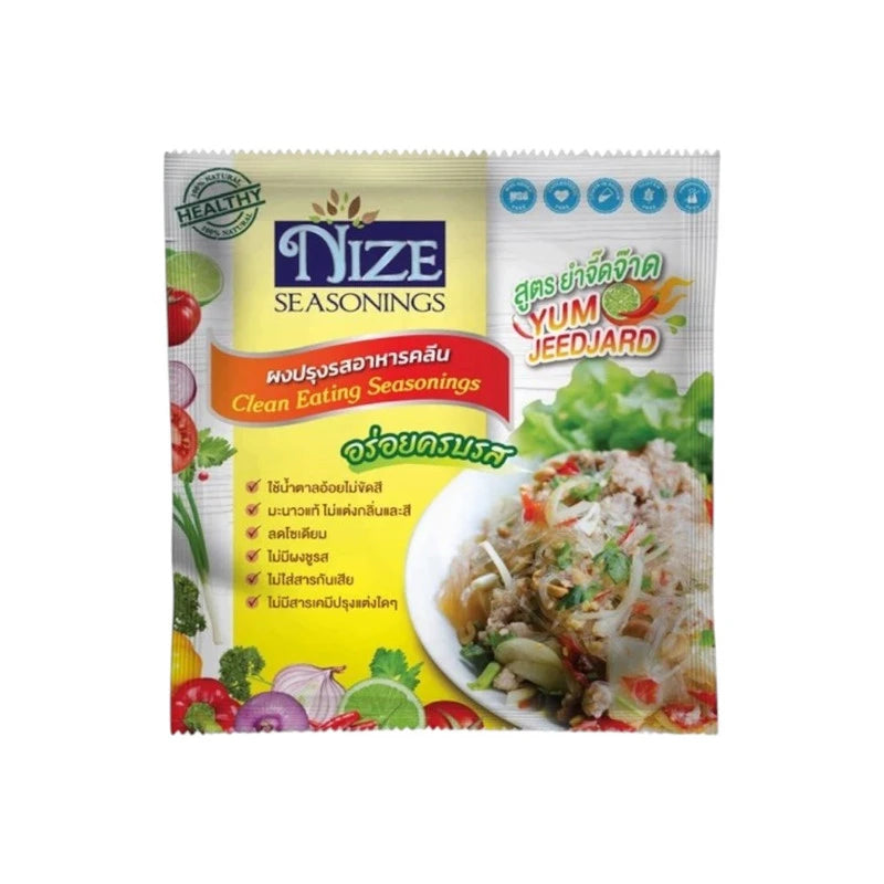 Six sachets of NIZE Clean Seasoning Powder in Spicy Yum flavor, showcasing colorful packaging with the product name and brand.