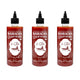Three bottles of J-LEK Sriracha Chili Sauce, extra spicy, 255g each, with red caps and label, arranged side by side.