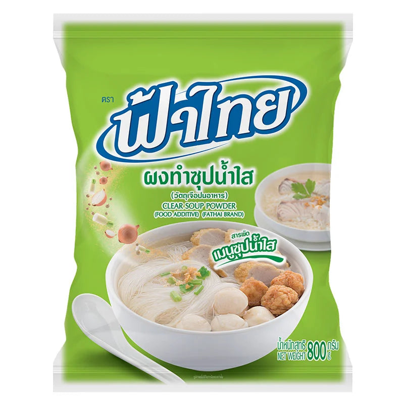 FATHAI Clear Soup Powder 800g jar with a scoop, showing the transparent powder used for making flavorful clear soup.