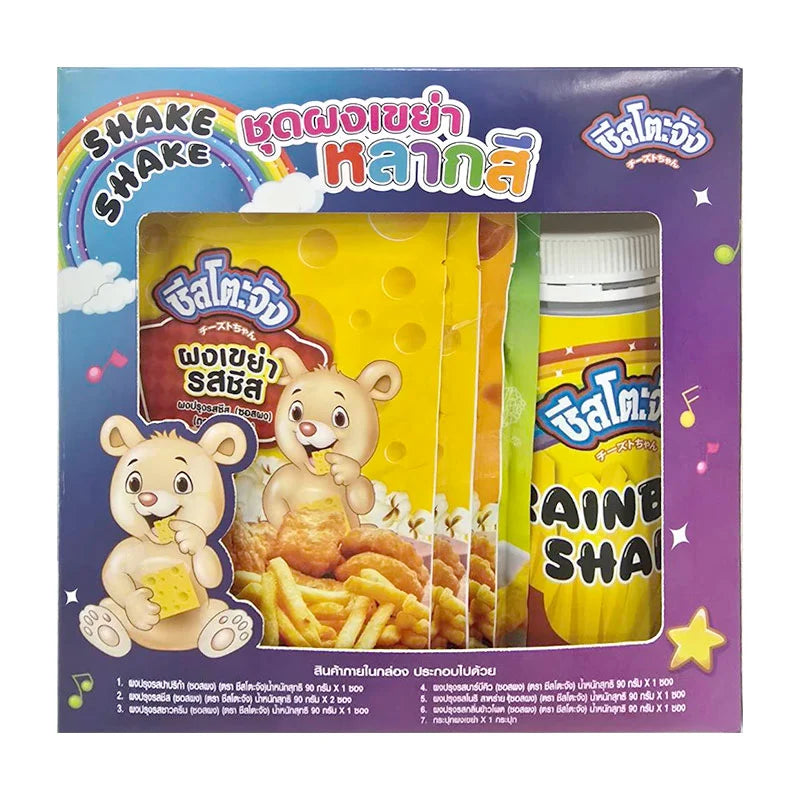 Set of 8 colorful CHEESTOJUNG shake powders in vibrant packaging, displayed in a clear plastic container.