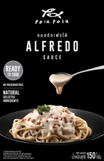 Pola Pola Alfredo sauce jar, creamy Italian pasta sauce in a glass container, label visible showing brand and product name.