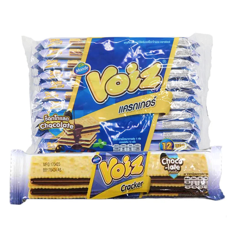 VOIZ Cracker with chocolate cream filling, 24g snack, showing the cracker topped with chocolate cream in a close-up image