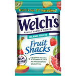 Welch's Island Fruits Fruit Snacks in colorful packaging, featuring tropical fruit shapes and vibrant fruit illustrations.