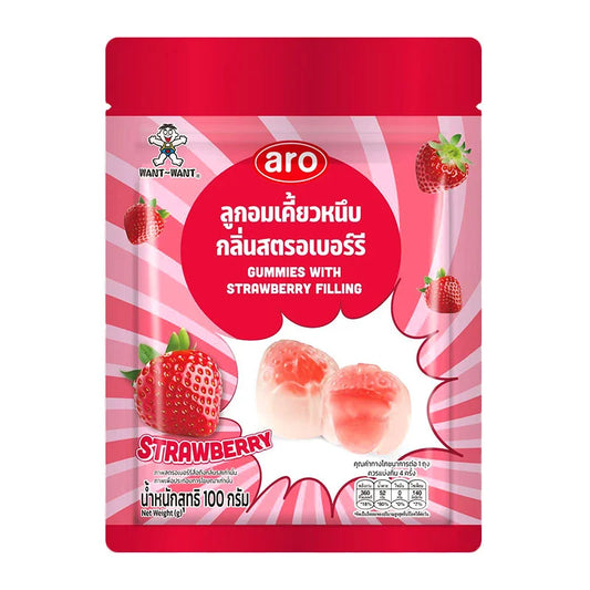 ARO Strawberry Gummy 100g, colorful strawberry-flavored gummy candies in a clear package, showing the bright, fruit-shaped gummies.