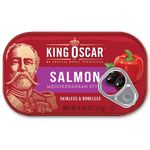 Canned King Oscar salmon in Mediterranean style with herbs and spices, ready for serving or cooking.