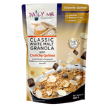 Daily Me Classic White Malt Granola in a bowl, close-up of crunchy cereal with white malt grains and nuts on top.