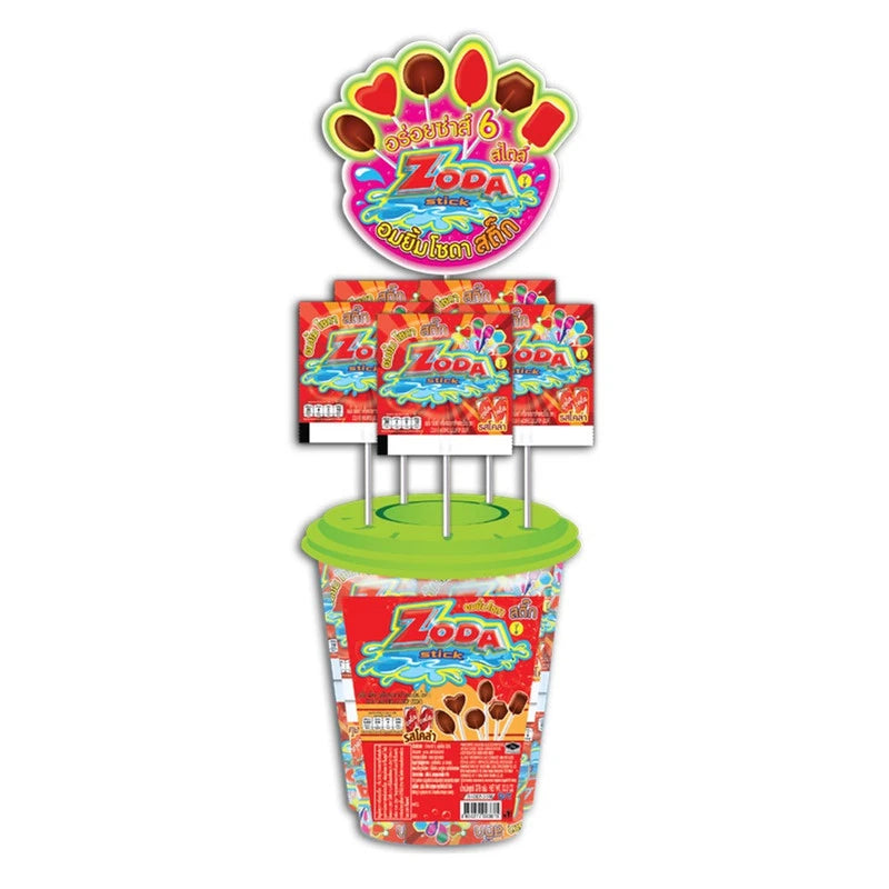 ZODA Cola flavor lollipop sticks, 7g each, featuring 50 individually wrapped cola-flavored lollipops on a stick.
