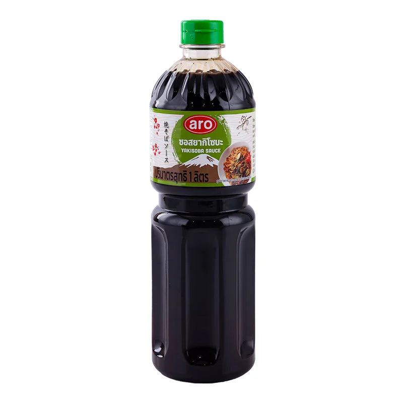 ARO Yakisoba Sauce 1L bottle showing the dark, savory sauce with a label featuring Japanese-inspired design.