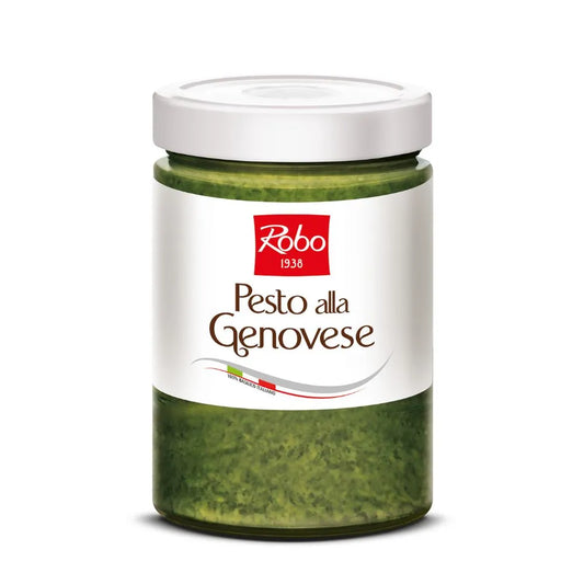 ROBO Genovese Pesto Sauce 500g jar with basil, pine nuts, garlic, and olive oil showing on the label.