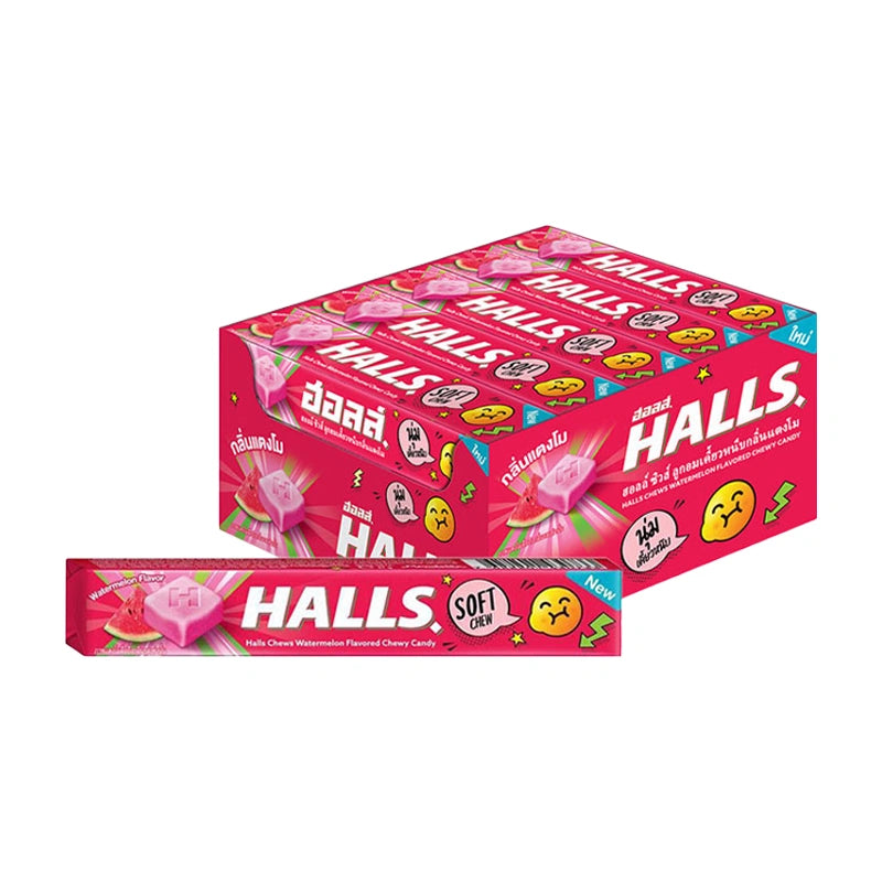 HALLS Watermelon Chews in a 47g pack, colorful watermelon-flavored fruit chews displayed in the image