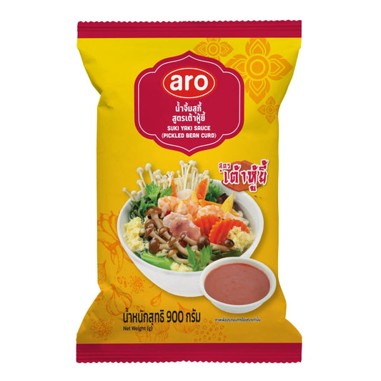 A jar of ARO Suki Sauce Bean Curd 900g with white bean curd pieces in flavorful sauce inside a glass jar