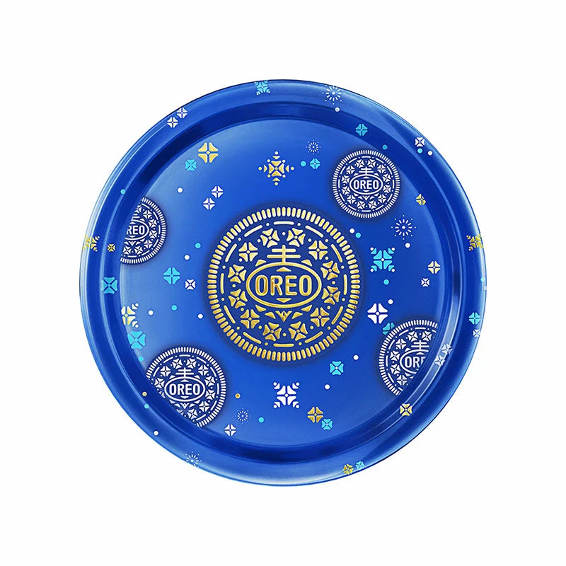 OREO sandwich cookies with assorted flavored cream filling in a 327.9g package, showcasing the cookies with colorful cream centers.