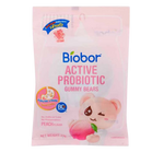 Biobor Active Probiotics Peach confectionery snack showing peach-flavored probiotic candies in colorful packaging