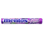 Mentos Grape Flavour confectionery snacks in colorful packaging, showing grape-flavored Mentos candies in a clear container.