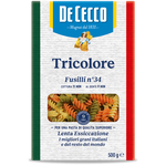 De Cecco Fusilli Tricolore, colorful Italian pasta with three vibrant stripes, displayed in a grocery setting.
