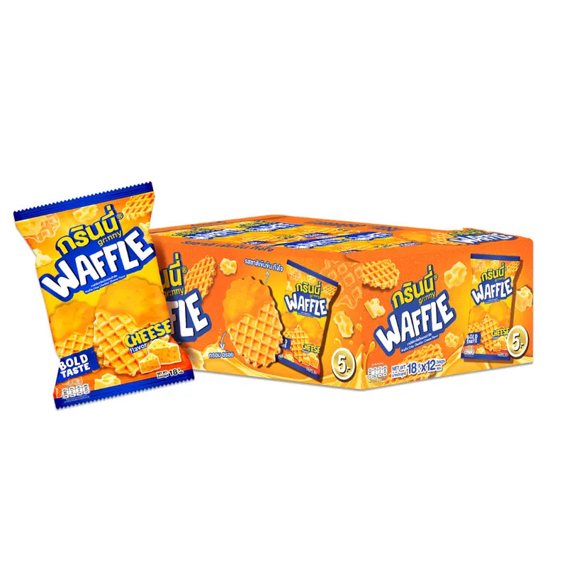 Grinny Waffle Crisp Cheddar Cheese flavor snack pack with 12 individually wrapped 18g waffles on a white background
